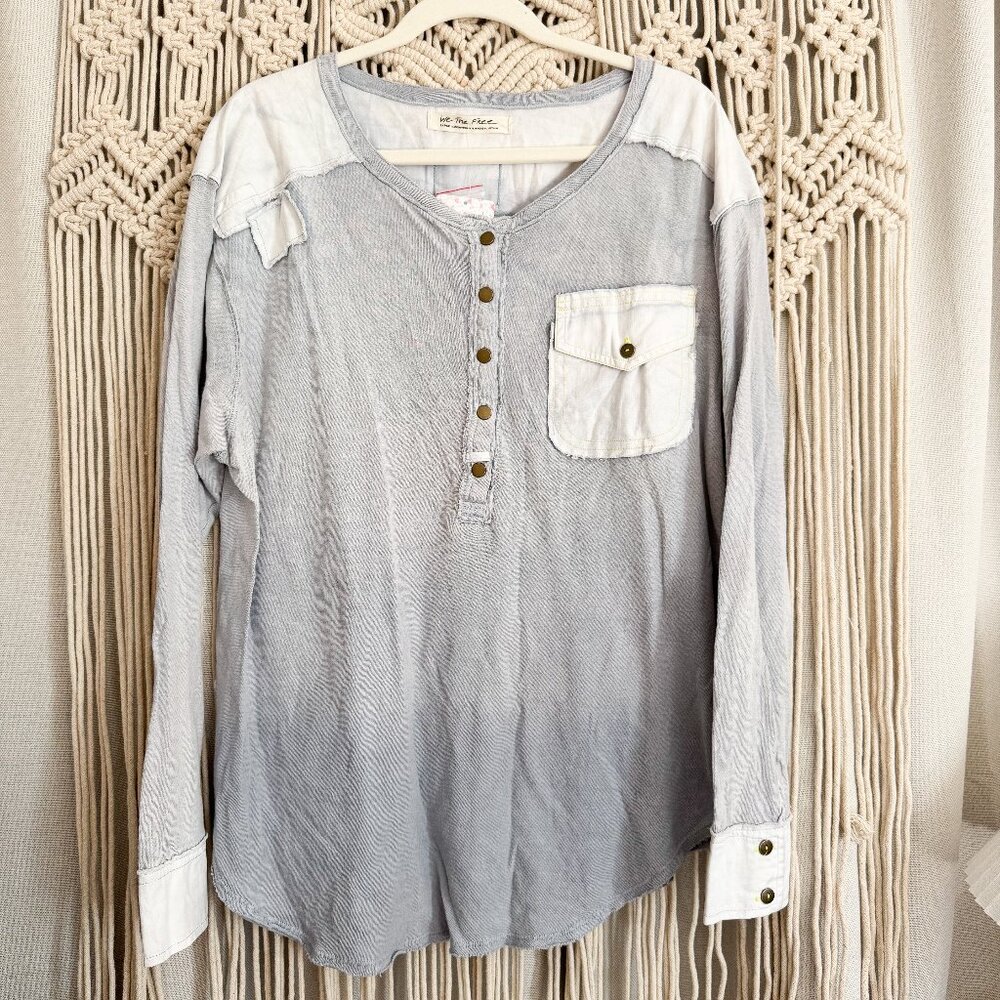 We The Free Faded Light Blue Henley Button-Up with White Accents